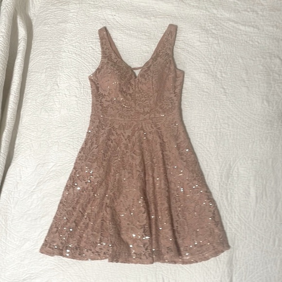 Pink Lace and Gold Sequin Homecoming Dress - Picture 2 of 4